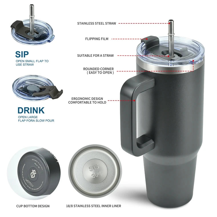 Wholesale 40oz Stainless Steel Handle Tumbler 30 oz Hot Thermal Coffee Mug Water Bottle With Metal Straws Lid Customizable