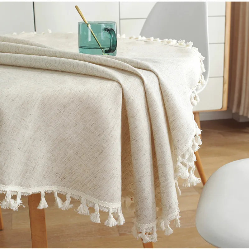 Round Tablecloth Solid Color Tassel Cotton Linen Table Cover for Kitchen Dining Party Farmhouse Tabletop Decoration Accessories
